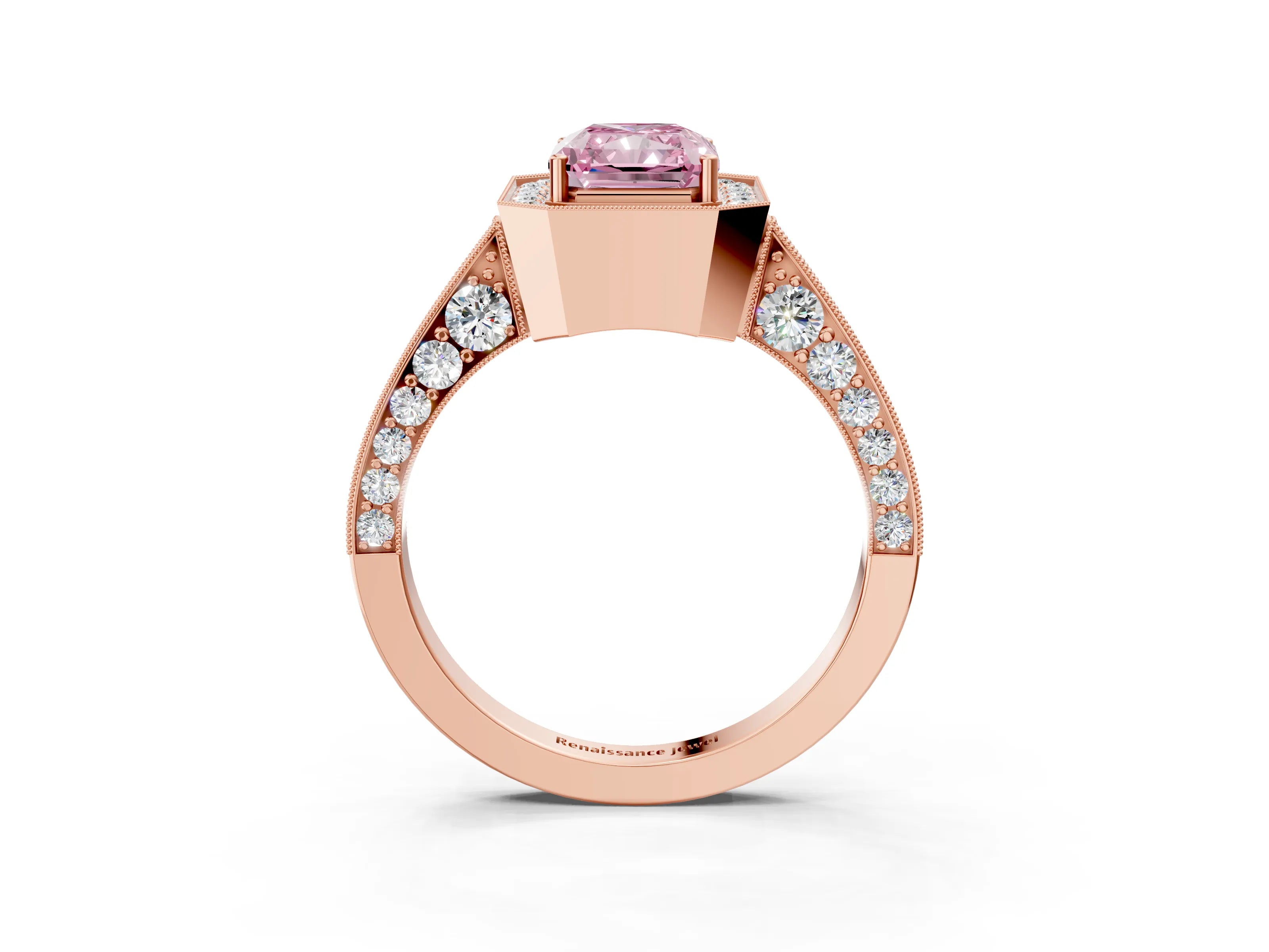 Rose gold Fancy Pink Radiant Cut Halo Diamond Engagement Ring with Split Shank Band and Four-Prong Setting_3