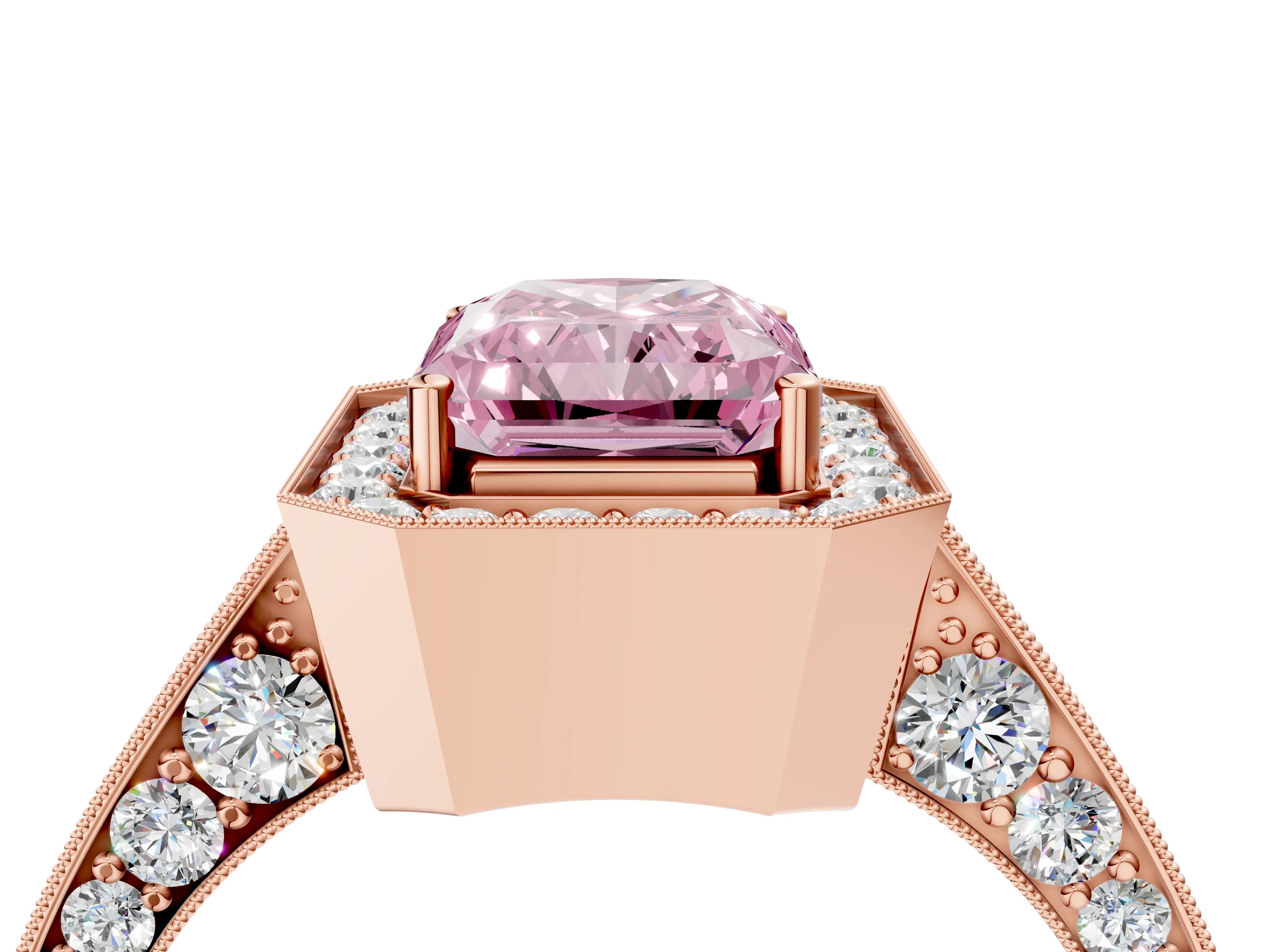 Rose gold Fancy Pink Radiant Cut Halo Diamond Engagement Ring with Split Shank Band and Four-Prong Setting_4