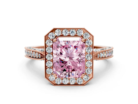 Rose gold Fancy Pink Radiant Cut Halo Diamond Engagement Ring with Split Shank Band and Four-Prong Setting