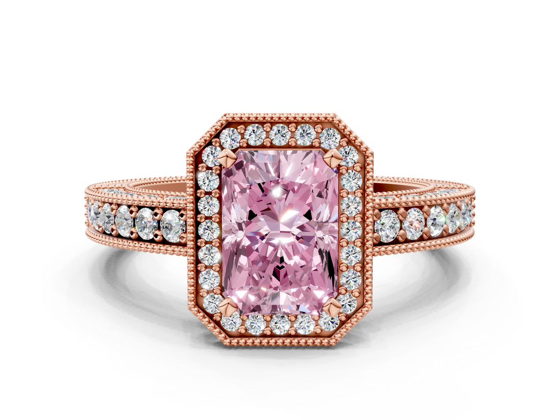 Rose gold Fancy Pink Radiant  Cut Halo Diamond Pave Band Ring with Four-Prong Setting_54