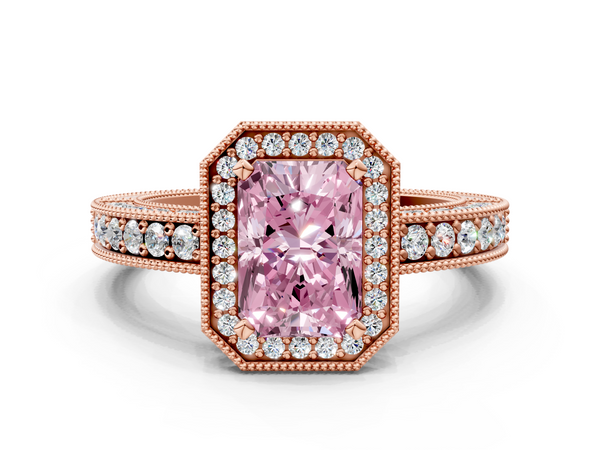 Rose gold Fancy Pink Radiant  Cut Halo Diamond Pave Band Ring with Four-Prong Setting