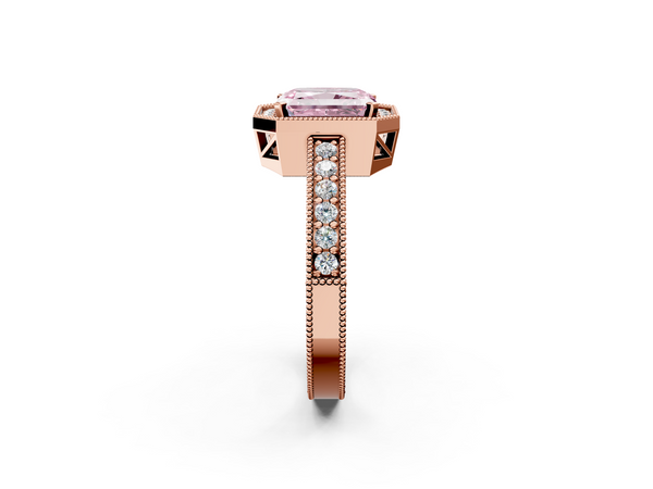 Rose gold Fancy Pink Radiant  Cut Halo Diamond Pave Band Ring with Four-Prong Setting