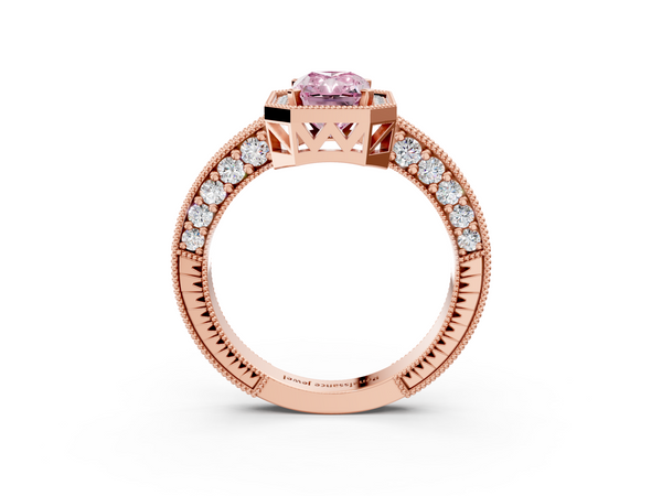 Rose gold Fancy Pink Radiant  Cut Halo Diamond Pave Band Ring with Four-Prong Setting