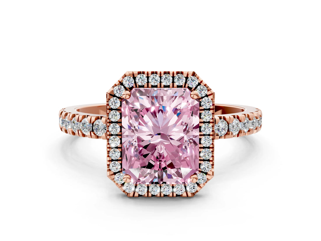 Rose gold Fancy Pink Radiant Cut Halo Diamond Pave Band with Prong Setting