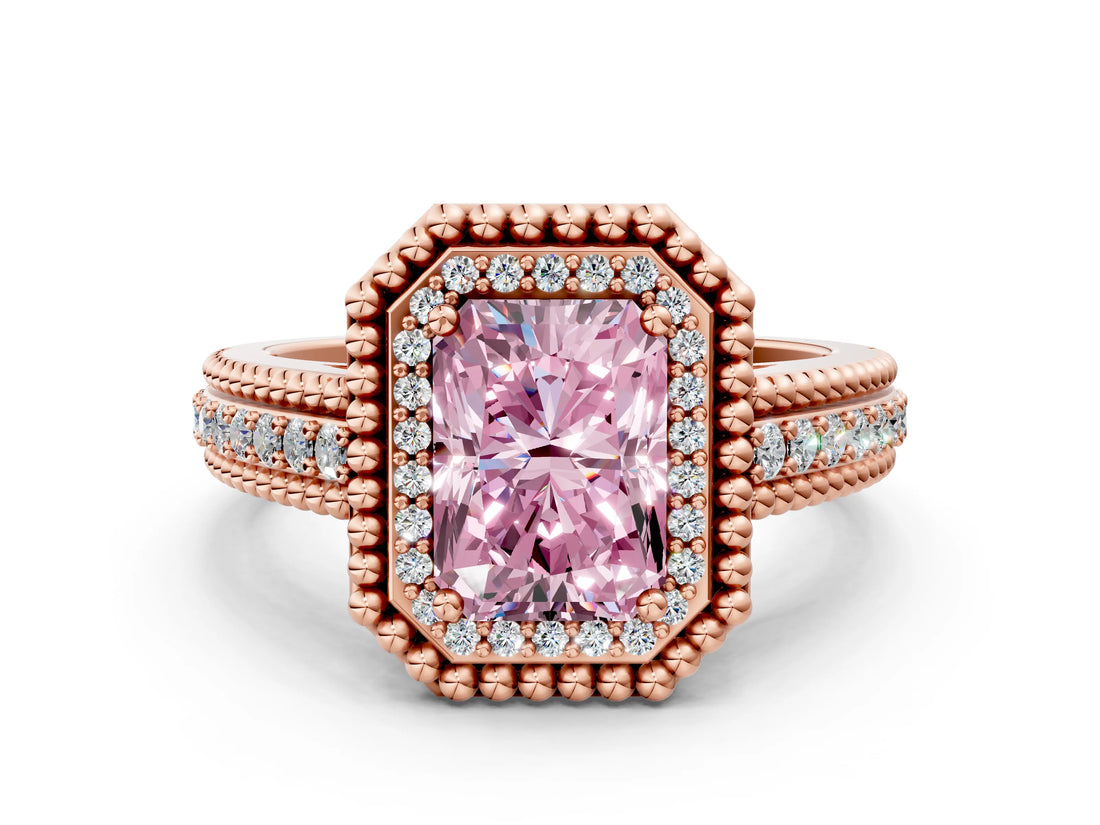 Rose gold Fancy Pink Radiant Cut Halo Diamond Ring with Beaded Split Shank and Four-Prong Setting