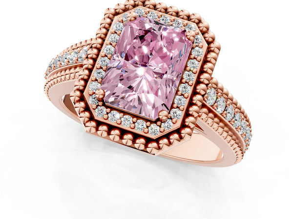 Rose Gold Radiant Cut Beaded Halo Engagement Ring Setting for Fancy Pink Center with Pave
