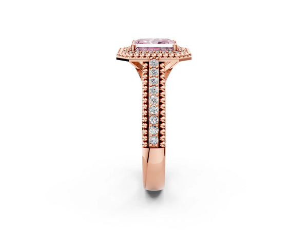 Rose Gold Radiant Cut Beaded Halo Engagement Ring Setting for Fancy Pink Center with Pave