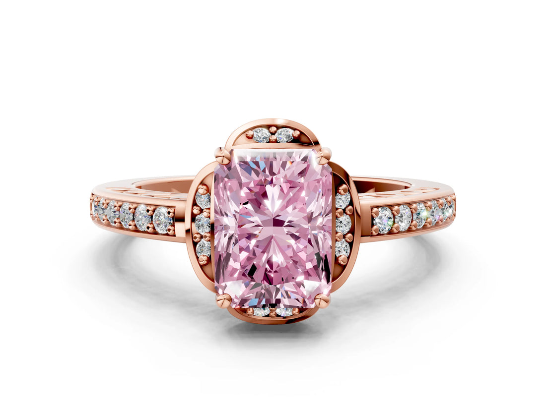 Rose gold Fancy Pink Radiant  Cut Halo Diamond Ring with Channel Set Band and Four-Prong Setting_31