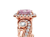 Rose gold Fancy Pink Radiant Cut Halo Diamond Ring with Milgrain and Bezel Accents on a Split Shank Band_17