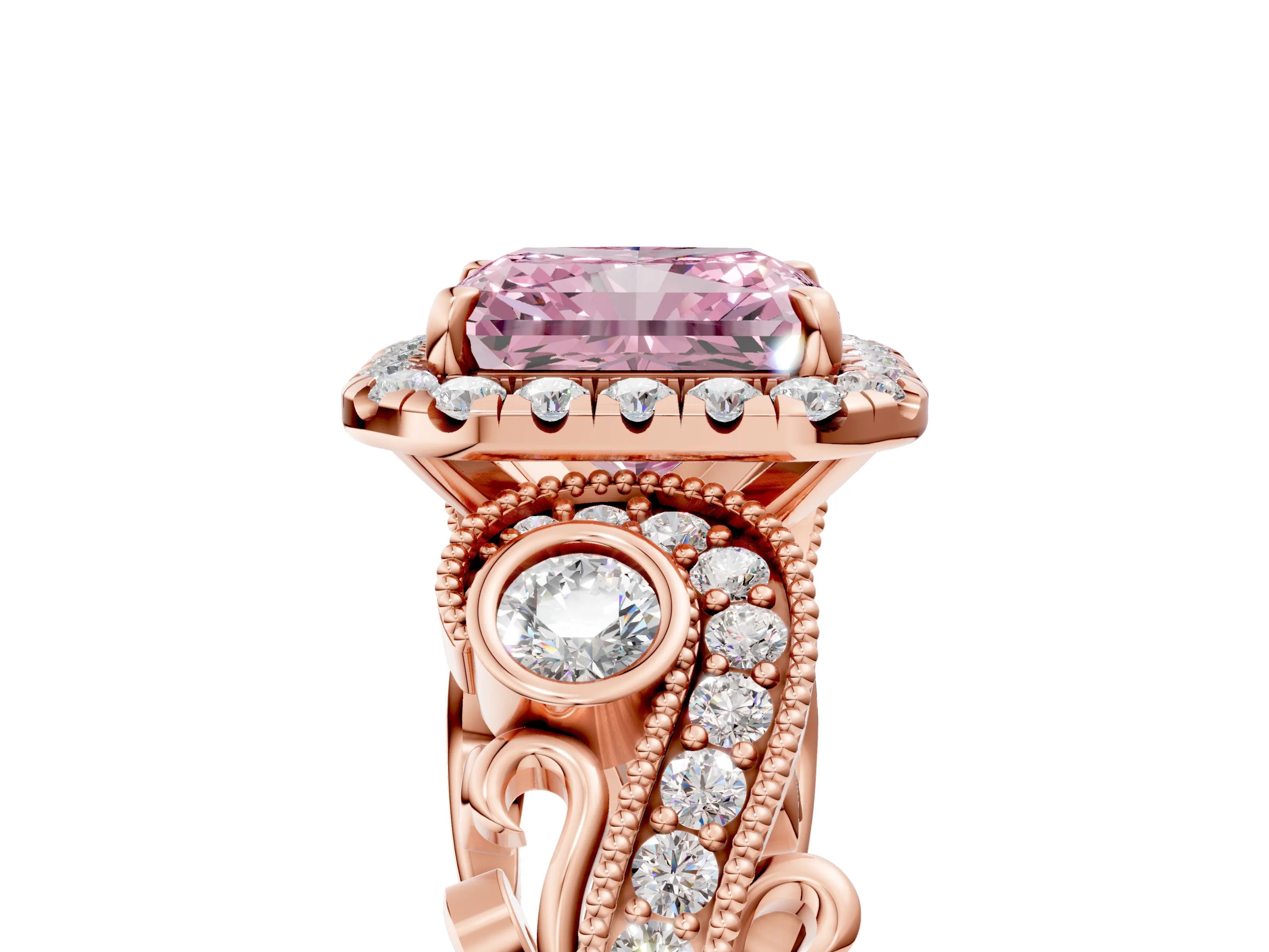Rose gold Fancy Pink Radiant Cut Halo Diamond Ring with Milgrain and Bezel Accents on a Split Shank Band_5