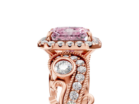 Rose gold Fancy Pink Radiant Cut Halo Diamond Ring with Milgrain and Bezel Accents on a Split Shank Band_5