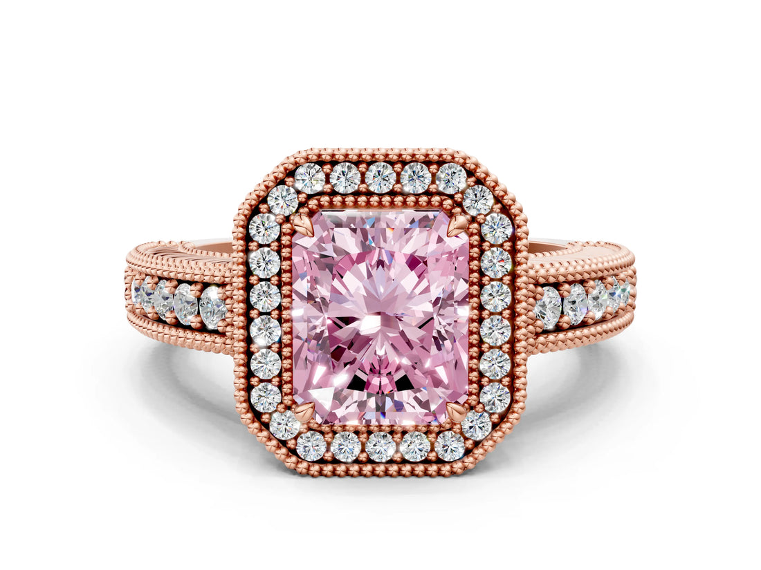 Rose gold Fancy Pink Radiant  Cut Halo Diamond Ring with Pavé Band and Four-Prong Setting_52