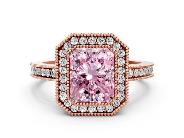 Rose gold Fancy Pink Radiant  Cut Halo Diamond Ring with Pavé Band and Milgrain Prong Setting
