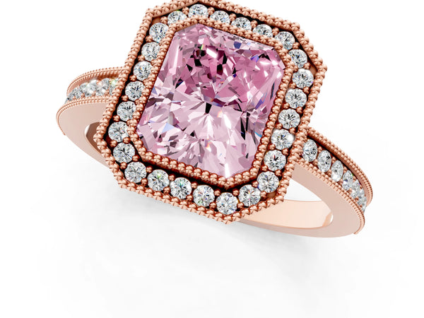 Rose gold Fancy Pink Radiant  Cut Halo Diamond Ring with Pavé Band and Milgrain Prong Setting