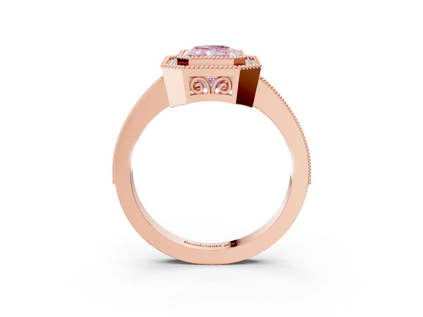 Rose gold Fancy Pink Radiant  Cut Halo Diamond Ring with Pavé Band and Milgrain Prong Setting