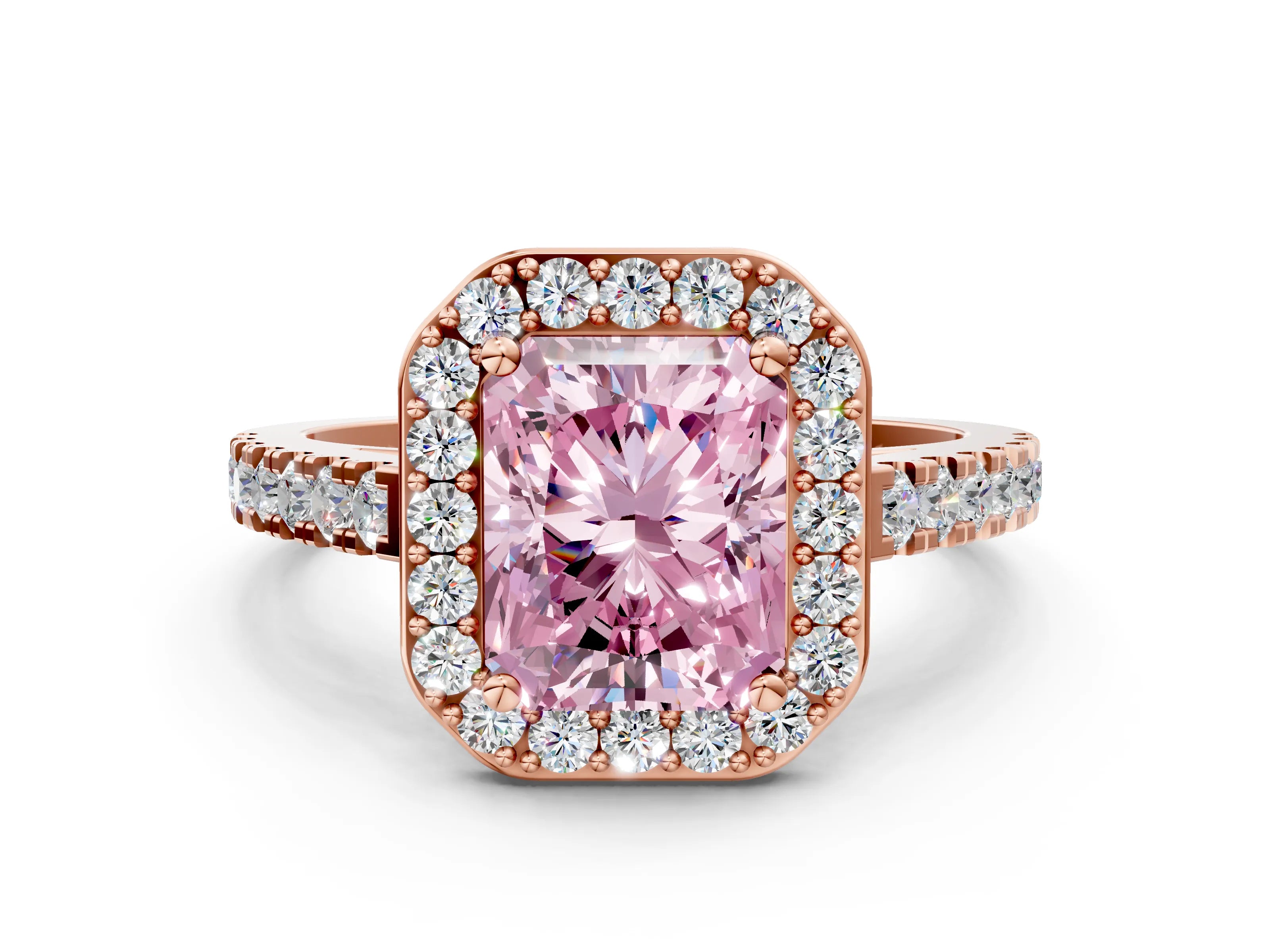Rose gold Fancy Pink Radiant Cut Halo Diamond Ring with Pavé Band and Three-Prong Setting