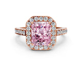 Rose gold Fancy Pink Radiant Cut Halo Diamond Ring with Pavé Band and Three-Prong Setting