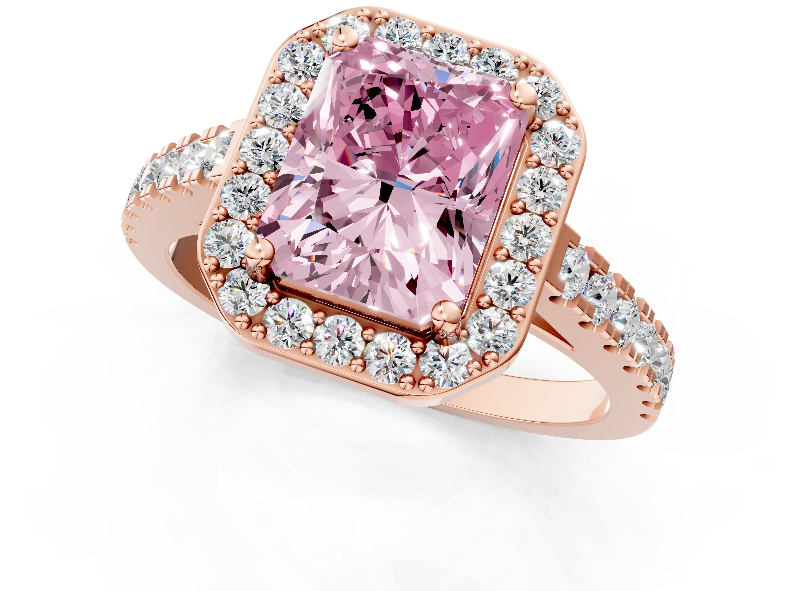 Rose gold Fancy Pink Radiant Cut Halo Diamond Ring with Pavé Band and Three-Prong Setting_1