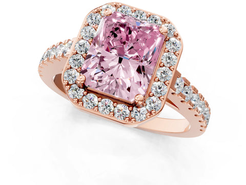 Rose gold Fancy Pink Radiant Cut Halo Diamond Ring with Pavé Band and Three-Prong Setting_1