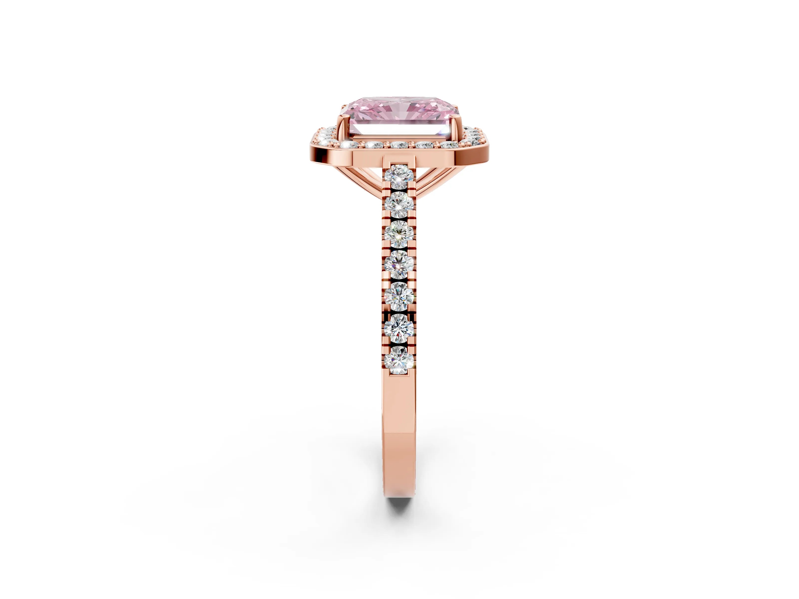 Rose gold Fancy Pink Radiant Cut Halo Diamond Ring with Pavé Band and Three-Prong Setting_2