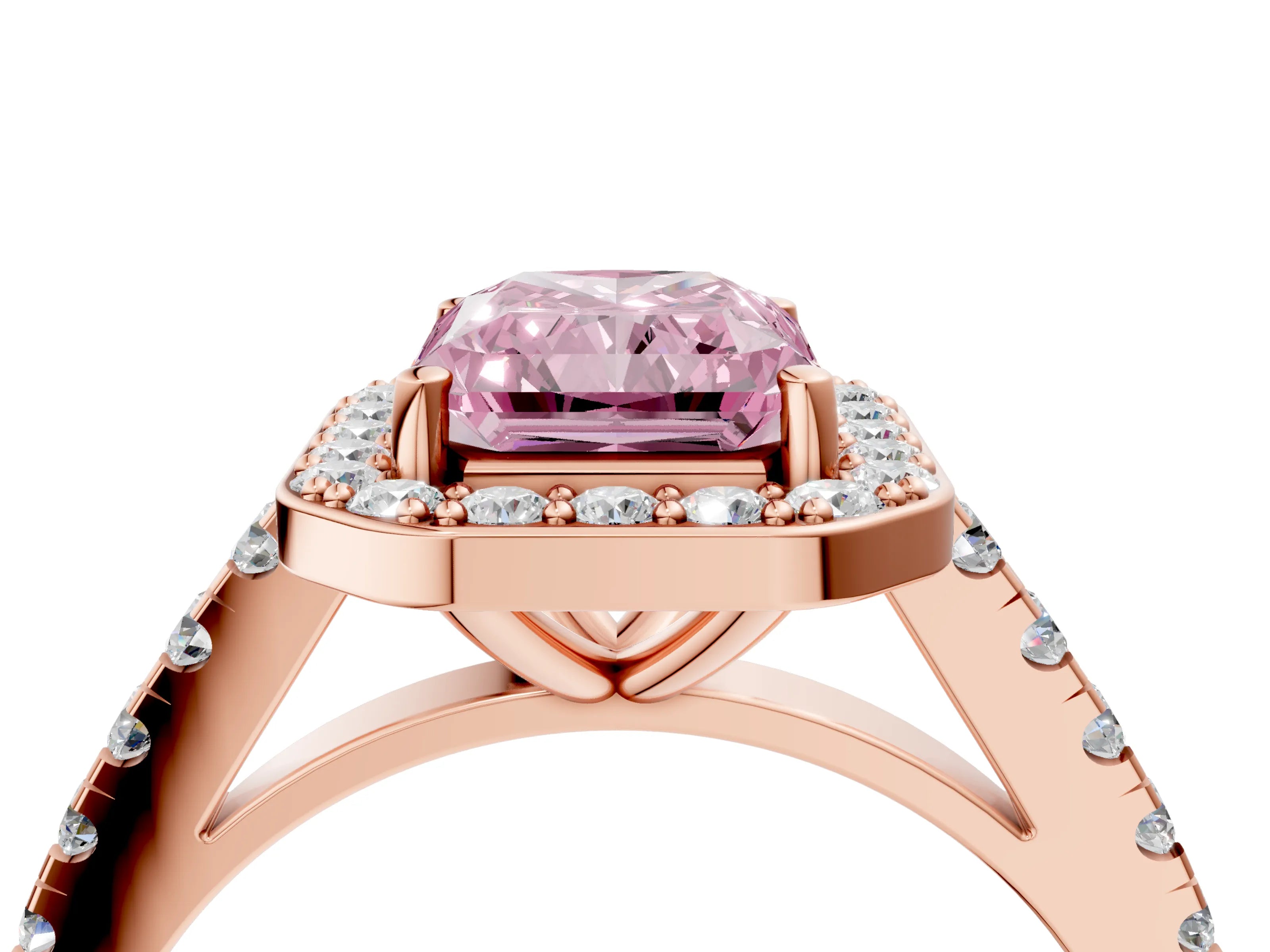 Rose gold Fancy Pink Radiant Cut Halo Diamond Ring with Pavé Band and Three-Prong Setting_4