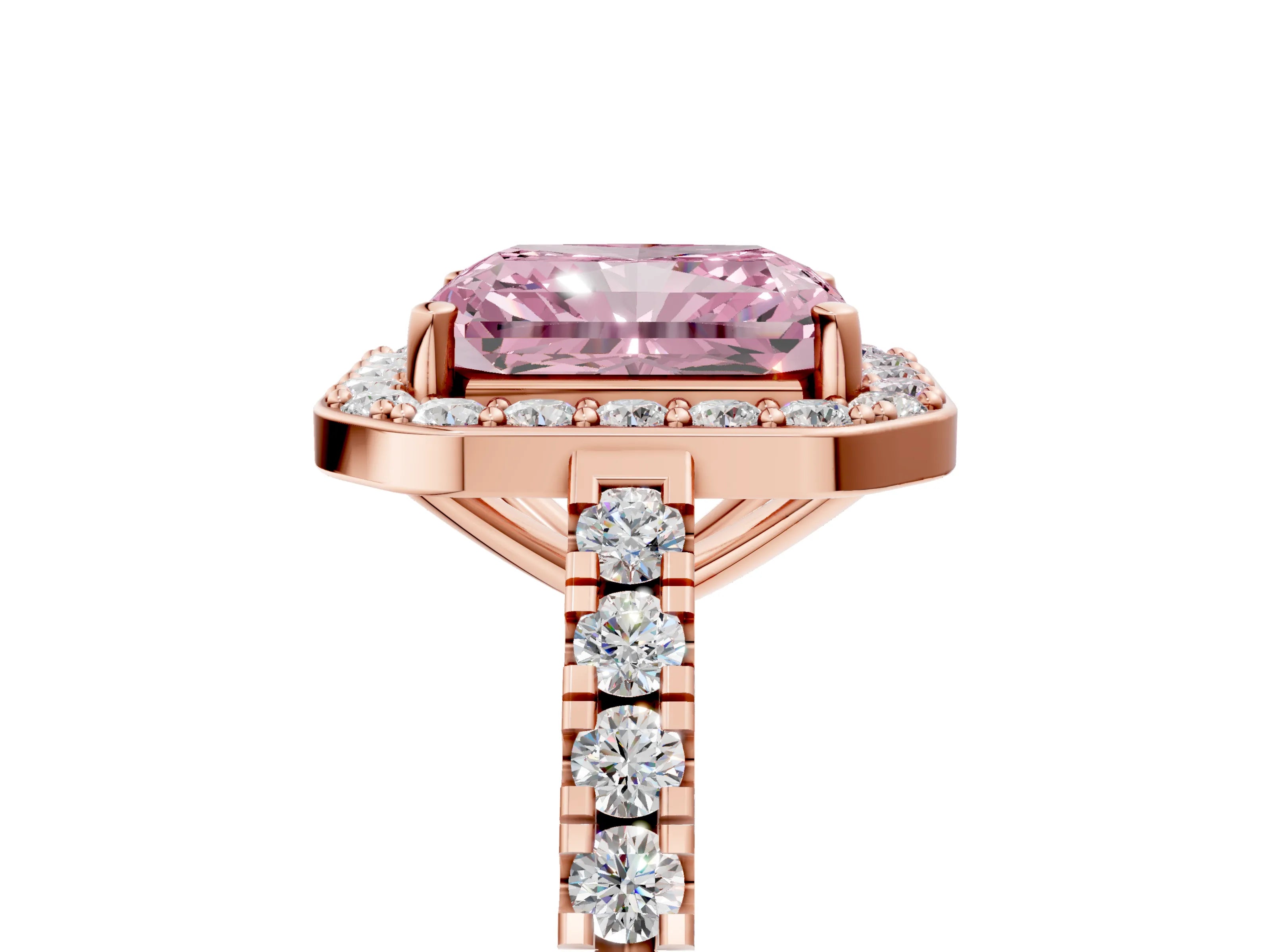 Rose gold Fancy Pink Radiant Cut Halo Diamond Ring with Pavé Band and Three-Prong Setting_5