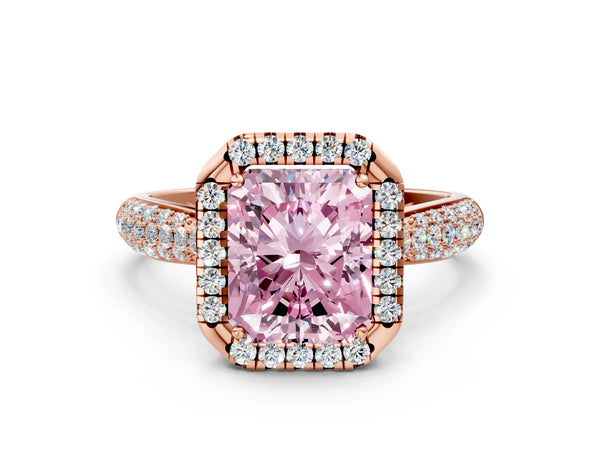 Rose gold Fancy Pink Radiant Cut Halo Diamond Ring with Pavé Band
