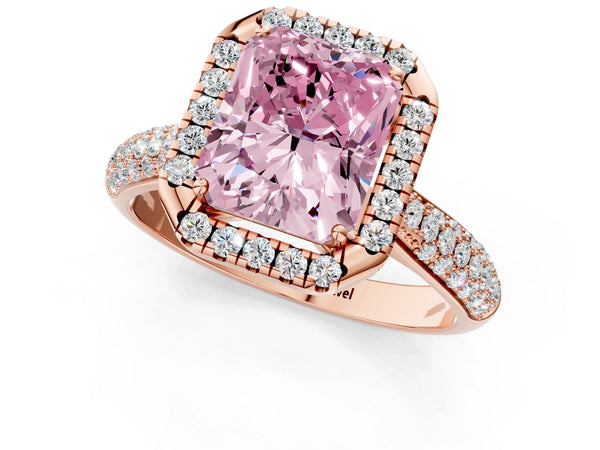 Rose gold Fancy Pink Radiant Cut Halo Diamond Ring with Pavé Band