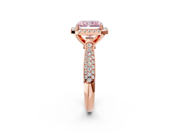 Rose gold Fancy Pink Radiant Cut Halo Diamond Ring with Pavé Band