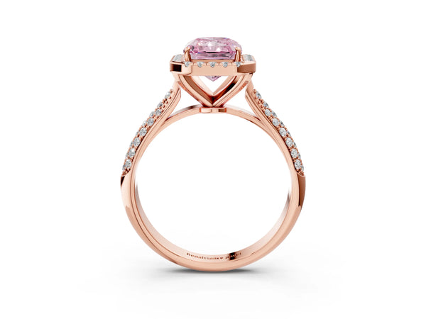 Rose gold Fancy Pink Radiant Cut Halo Diamond Ring with Pavé Band