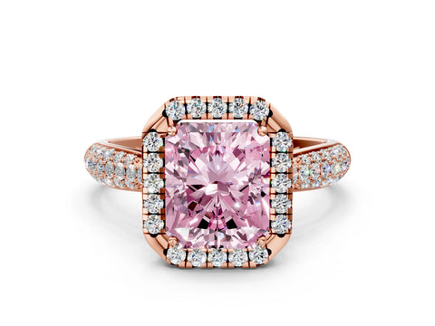Rose gold Fancy Pink Radiant Cut Halo Diamond Ring with Pavé Band