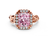 Rose gold Fancy Pink Radiant  Cut Halo Diamond Ring with Scrollwork Band and Four-Prong Setting_56