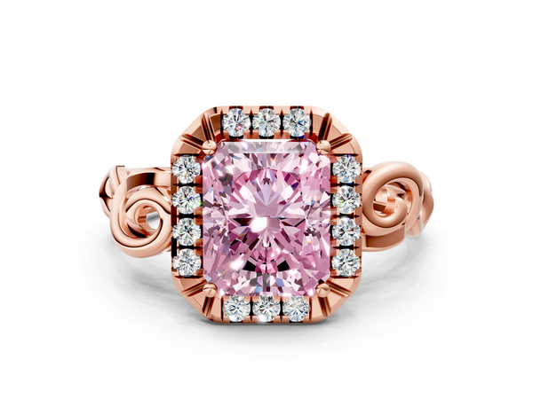 Rose gold Fancy Pink Radiant  Cut Halo Diamond Ring with Scrollwork Band and Four-Prong Setting