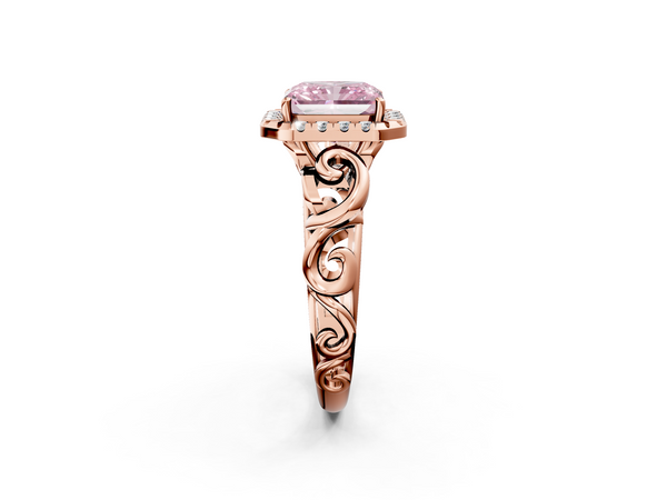 Rose gold Fancy Pink Radiant  Cut Halo Diamond Ring with Scrollwork Band and Four-Prong Setting