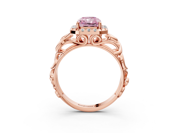 Rose gold Fancy Pink Radiant  Cut Halo Diamond Ring with Scrollwork Band and Four-Prong Setting