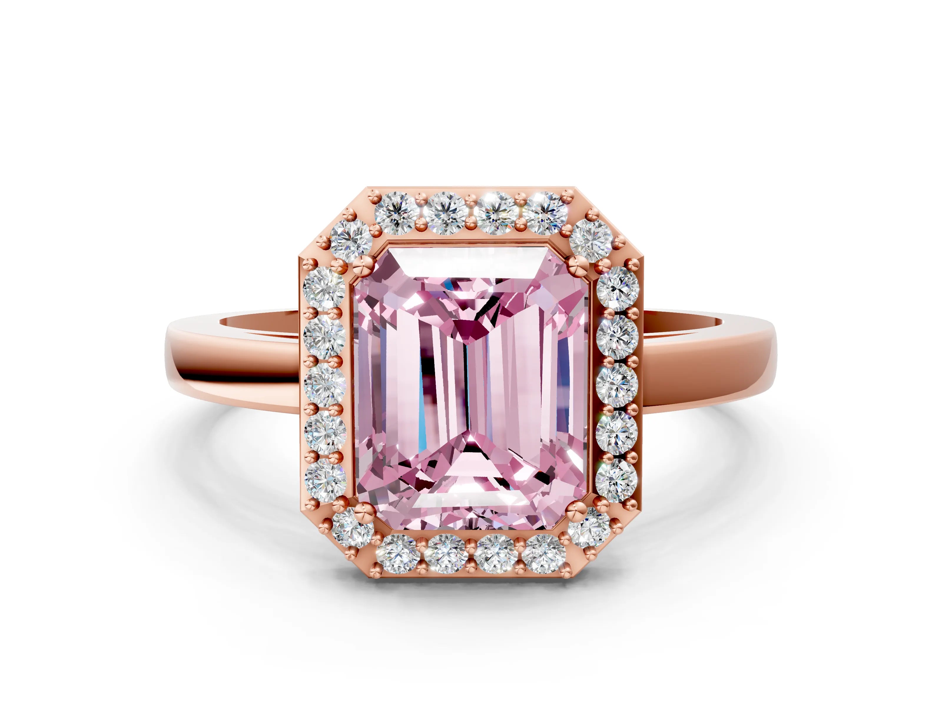 Rose gold Fancy Pink Radiant Cut Halo Diamond Ring with Solitaire Band and Prong Setting