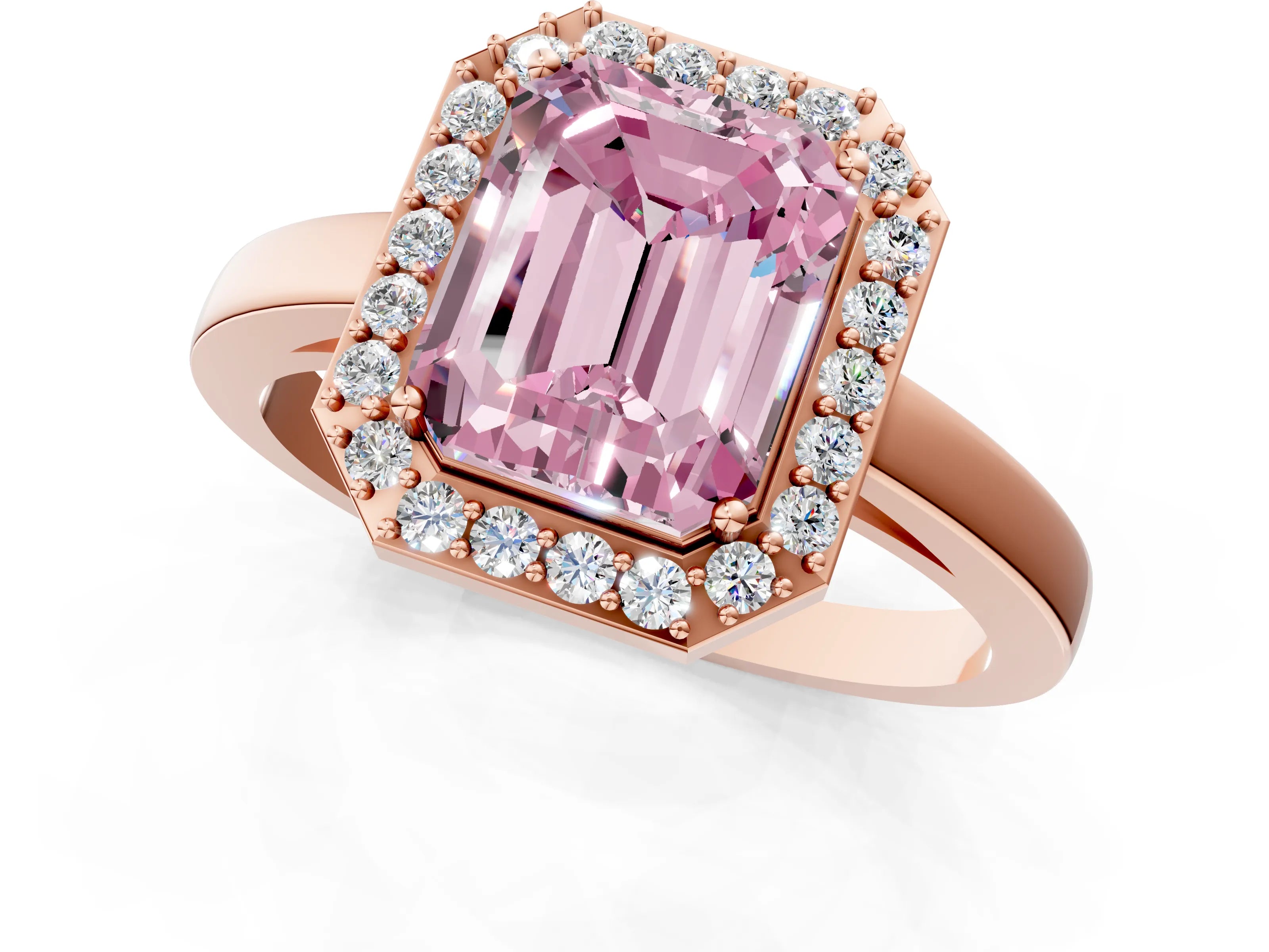 Rose gold Fancy Pink Radiant Cut Halo Diamond Ring with Solitaire Band and Prong Setting_1