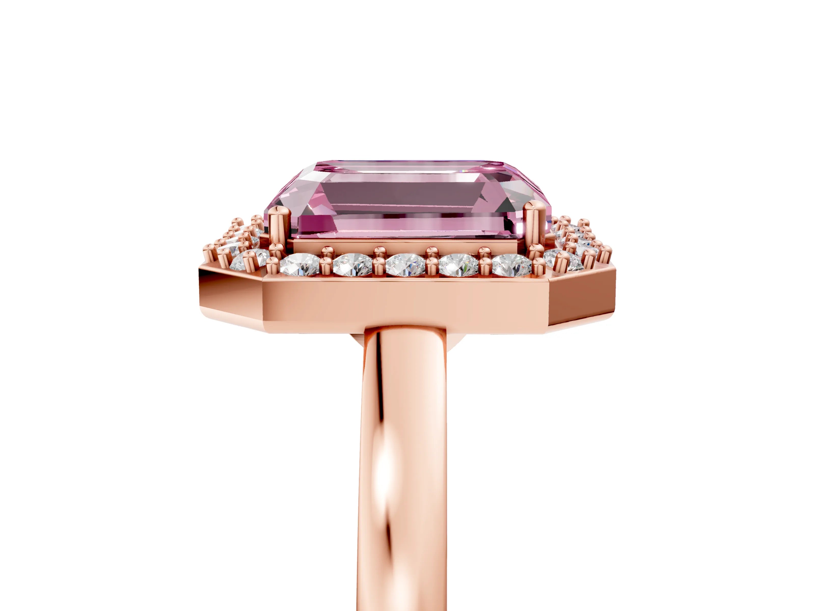 Rose gold Fancy Pink Radiant Cut Halo Diamond Ring with Solitaire Band and Prong Setting_5
