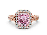 Rose gold Fancy Pink Radiant Cut Halo Diamond Solitaire with Filigree Band and Four-Prong Setting
