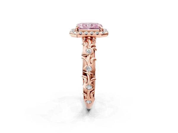 Rose Gold Radiant Cut Halo Engagement Ring Setting for Fancy Pink Center with Leaf Band