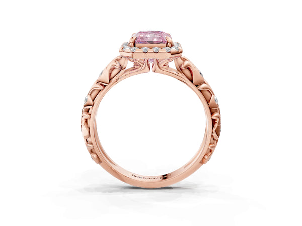 Rose Gold Radiant Cut Halo Engagement Ring Setting for Fancy Pink Center with Leaf Band