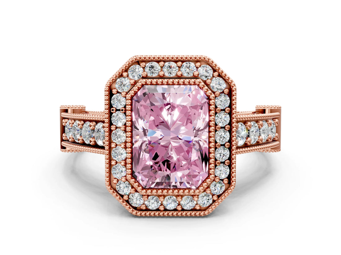 Rose gold Fancy Pink Radiant Cut Halo Diamond Split Shank Pave Ring_6