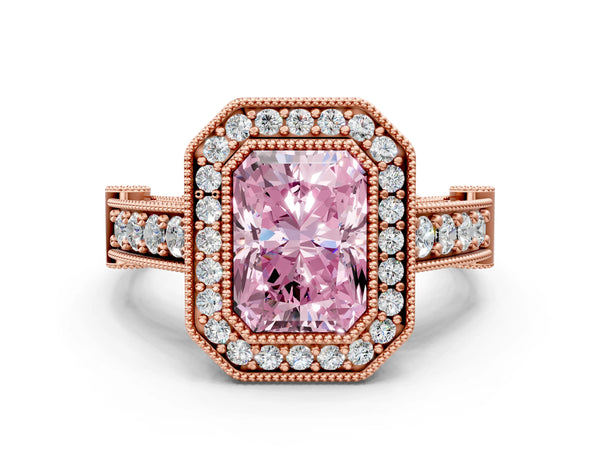 Rose Gold Radiant Cut Vintage Bezel Halo Engagement Ring Setting for Fancy Pink Center