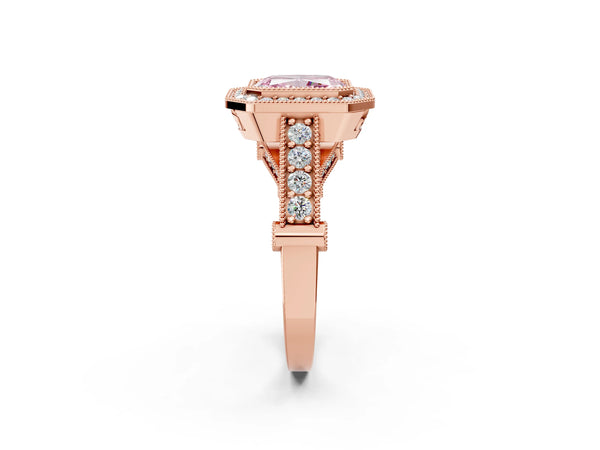 Rose Gold Radiant Cut Vintage Bezel Halo Engagement Ring Setting for Fancy Pink Center