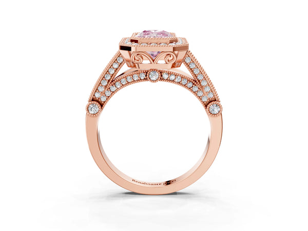 Rose Gold Radiant Cut Vintage Bezel Halo Engagement Ring Setting for Fancy Pink Center