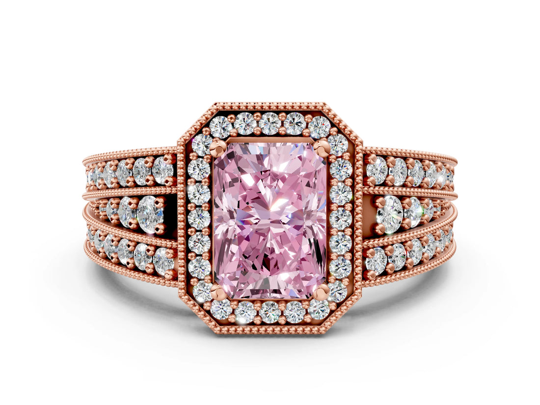 Rose gold Fancy Pink Radiant Cut Halo Diamond Split Shank Ring with Prong Setting