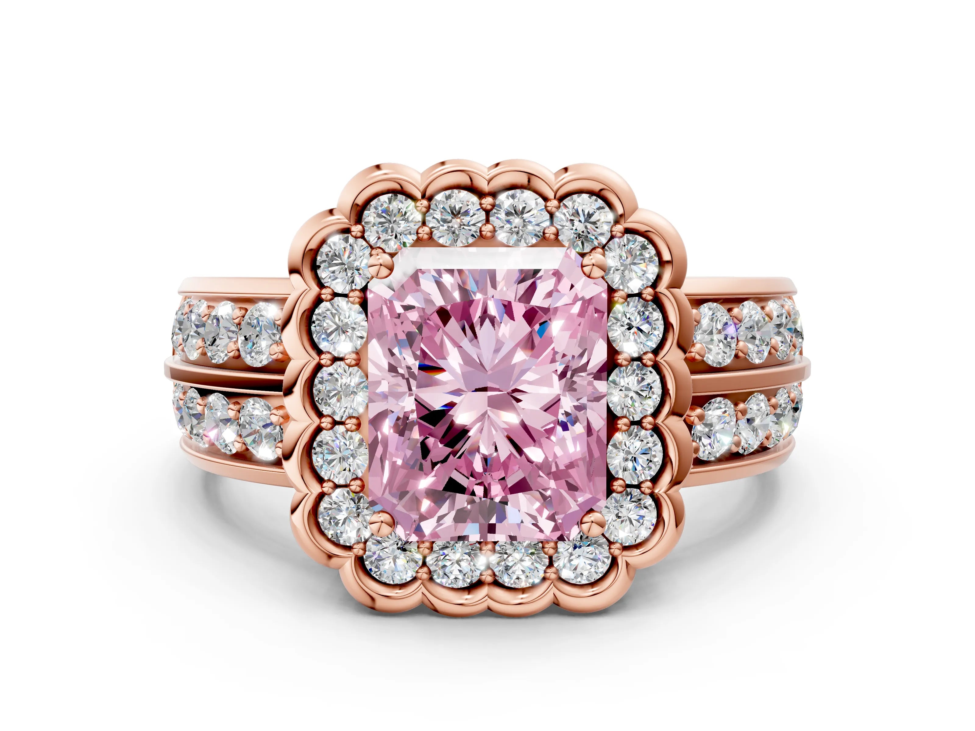 Rose gold Fancy Pink Radiant Cut Halo Diamond Split Shank Ring with Scalloped Prong Setting