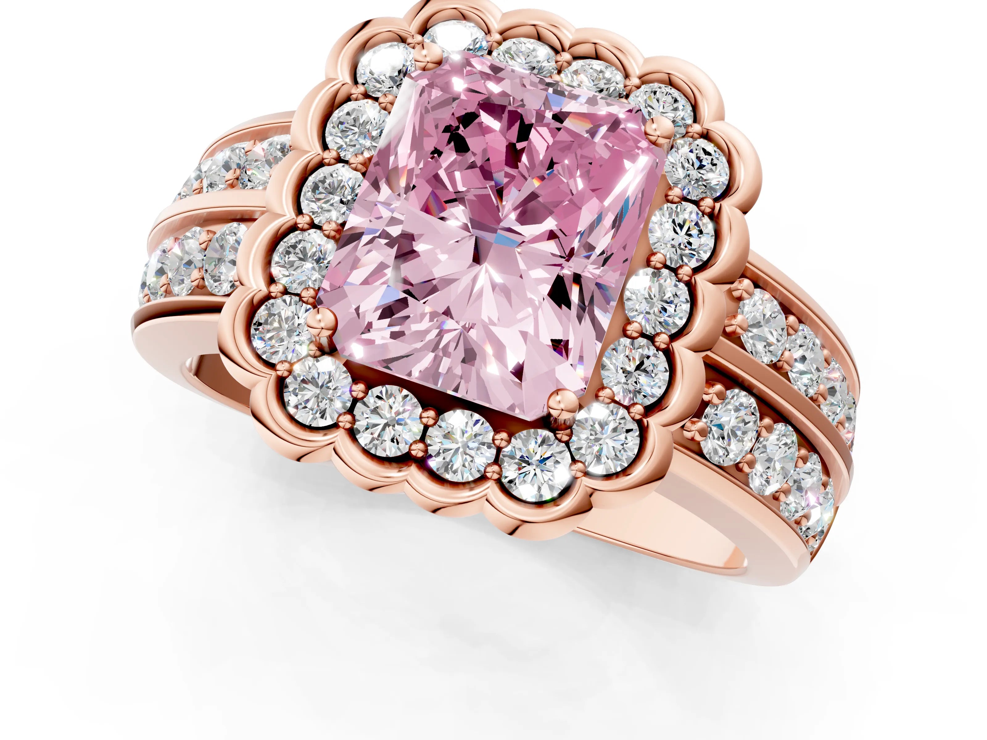 Rose gold Fancy Pink Radiant Cut Halo Diamond Split Shank Ring with Scalloped Prong Setting_1