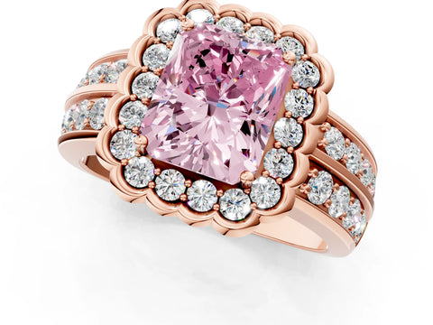 Rose gold Fancy Pink Radiant Cut Halo Diamond Split Shank Ring with Scalloped Prong Setting_1