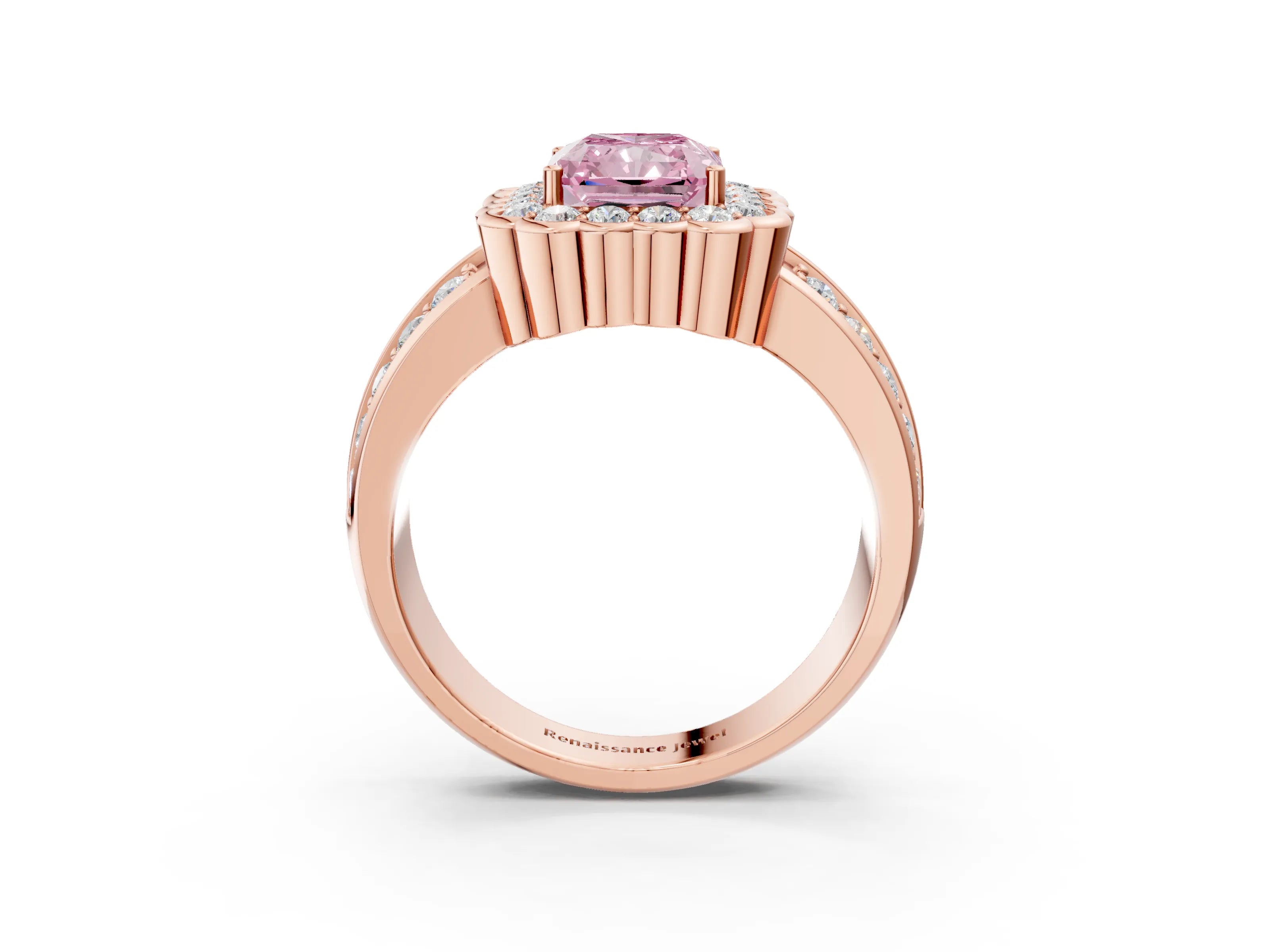 Rose gold Fancy Pink Radiant Cut Halo Diamond Split Shank Ring with Scalloped Prong Setting_3